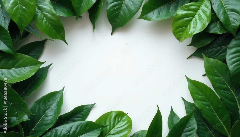 Fototapeta premium Green Leaves Frame on White Background - Natural Organic Style