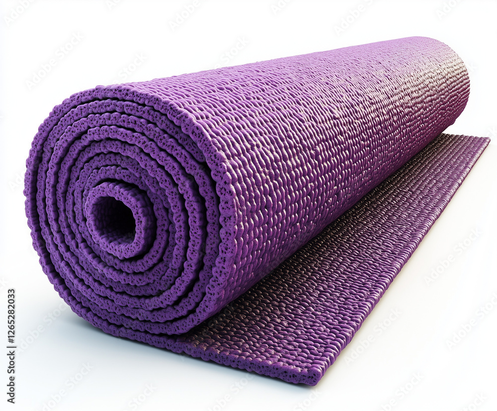 3D-rendered purple yoga mat, partially unrolled, showcasing its textured, non-slip surface. The rolled-up design emphasizes flexibility and durability for fitness, yoga, and meditation 3D-rendered purple yoga mat, partially unrolled, showcasing its textured, non-slip surface. The rolled-up design emphasizes flexibility and durability for fitness, yoga, and meditation