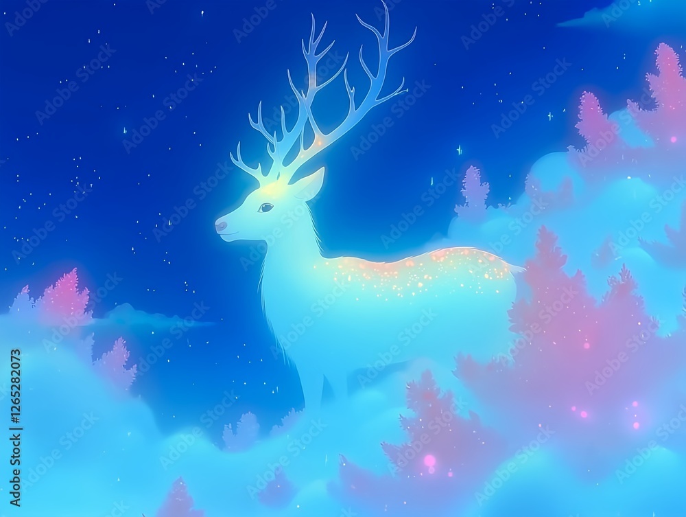 A pure white male deer adorned with pastel spots that radiate nobility A pure white male deer adorned with pastel spots that radiate nobility