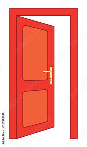 Cartoon open doors. Opened wooden doors icon. Home or house entrance. Open door to room. Exit label concept. An open, white door leading to nowhere. Vector illustration