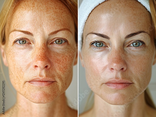 A remarkable skincare transformation showing before and after effects of facial treatments. The skin appears more radiant, smooth, and youthful, highlighting the benefits of skincare and rejuvenation