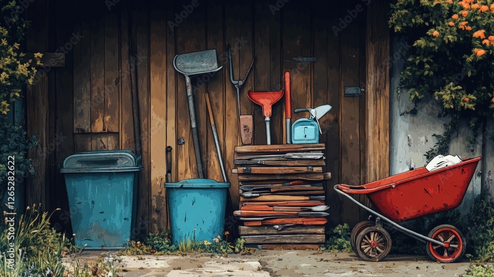 Rustic garden tools rest against weathered wood. Rustic garden tools rest against weathered wood.