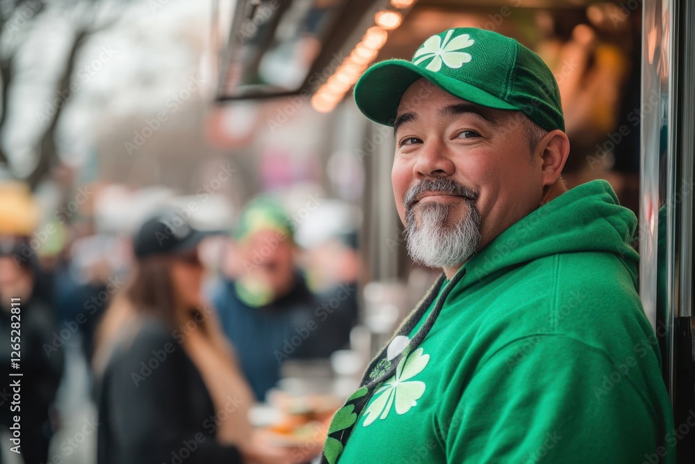 St. Patrick's Day, a man in a green hoodie and a shamrock-adorned scarf, standing by a bustling food truck with a lively festival crowd in the background. St. Patrick's Day, a man in a green hoodie and a shamrock-adorned scarf, standing by a bustling food truck with a lively festival crowd in the background.