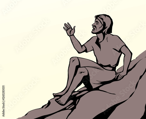 Vector drawing. Man sitting on the rock