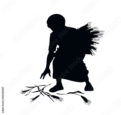 Vector drawing. A woman picks ears in the field