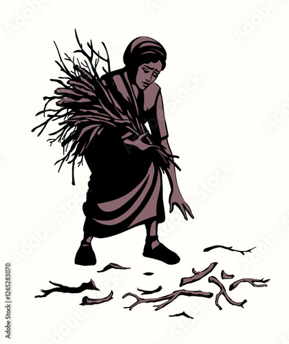 Vector drawing. Woman collecting firewood
