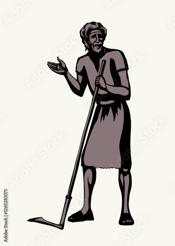 Vector drawing. A man with an old scythe