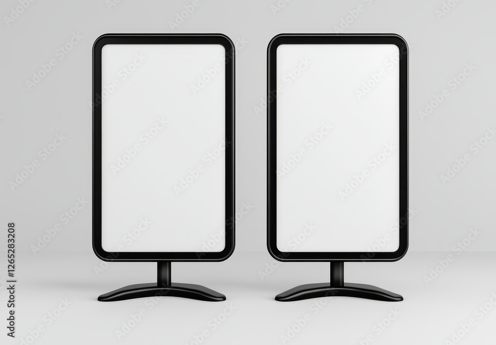 In a blank white 3D rendering, an indoor pedestal steel sign stand is illustrated, designed for displaying posters, banners, advertisements, and lobby menu boards In a blank white 3D rendering, an indoor pedestal steel sign stand is illustrated, designed for displaying posters, banners, advertisements, and lobby menu boards