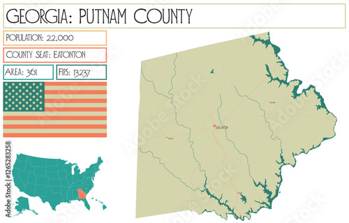 Large and detailed map of Putnam County in Georgia USA.