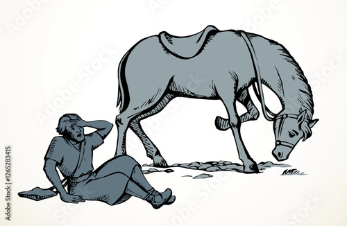 Vector drawing. A man fall from the horse