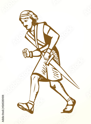 Vector drawing. Running warrior with sword