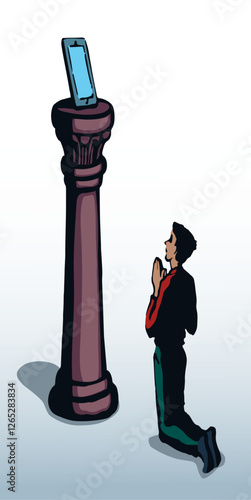 Vector drawing. Adult man worshiping Phone