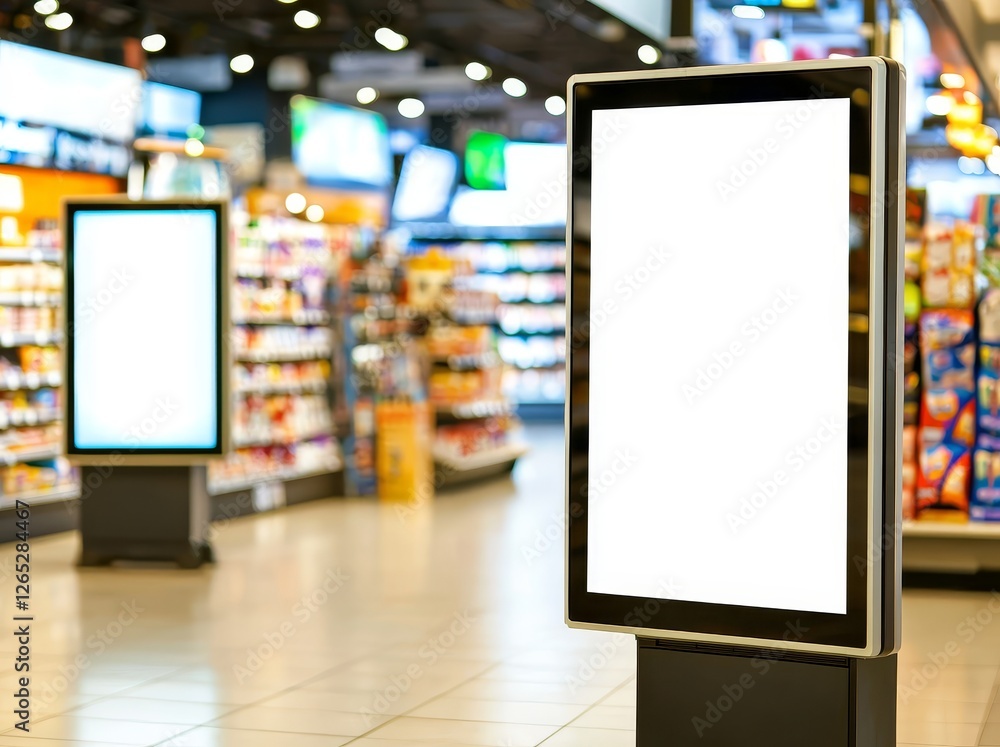 Template for a blank poster frame in a supermarket with a blurred background of people at the cashier and an advertising banner Template for a blank poster frame in a supermarket with a blurred background of people at the cashier and an advertising banner