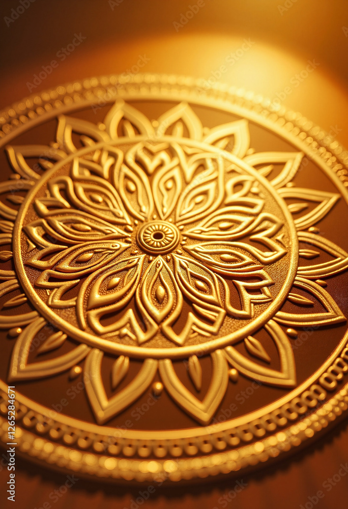 Naklejka premium Golden healing mandala design in warm light, spiritual energy