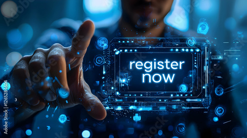 Digital registration prompt online platform graphic design virtual environment close-up view user engagement