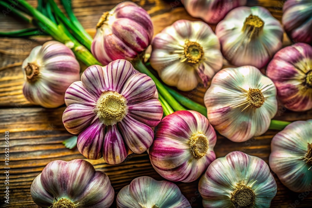 Young Garlic Cloves, Macro Photography, Top View, Wooden Background, Fresh Spring Produce Young Garlic Cloves, Macro Photography, Top View, Wooden Background, Fresh Spring Produce