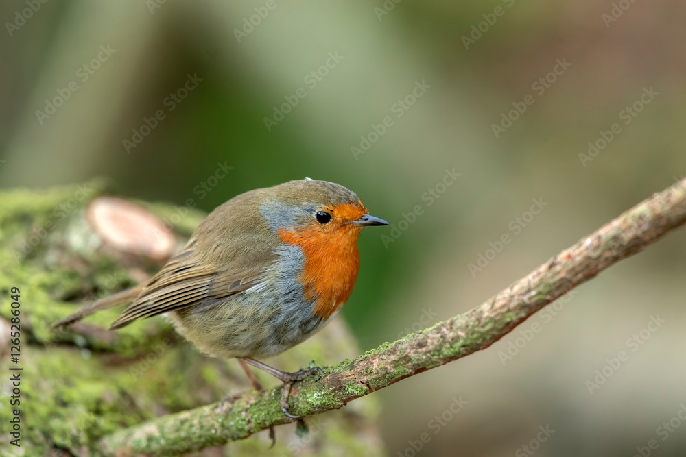 Fototapeta premium Robin with a blurred background perched on a branch close up in a forest in Scotland uk in the winter