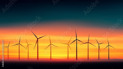 A serene sunset silhouette of wind turbines against a colorful sky, highlighting renewable energy and nature's beauty.