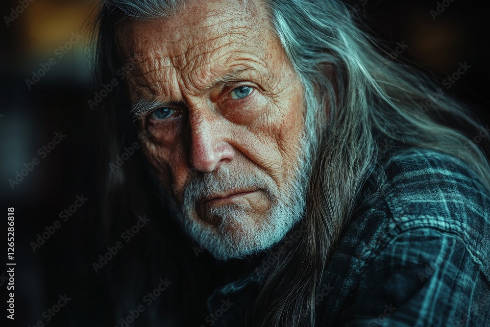 Elderly man with long hair and striking blue eyes gazes thoughtfully in a dimly lit interior at twilight Elderly man with long hair and striking blue eyes gazes thoughtfully in a dimly lit interior at twilight