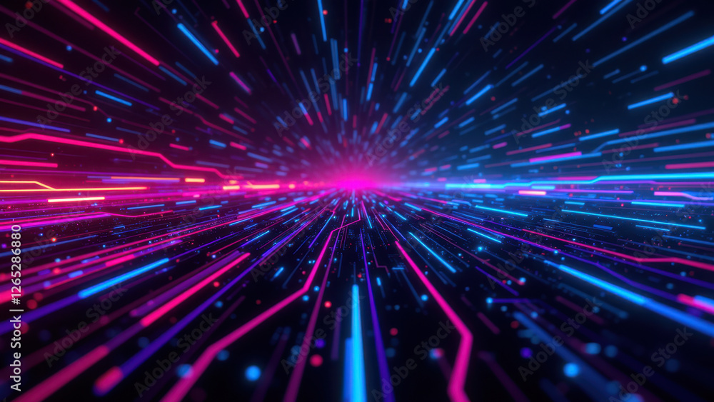 Obraz premium Futuristic digital tunnel with vibrant lights representing virtual travel through a CI/CD pipeline.