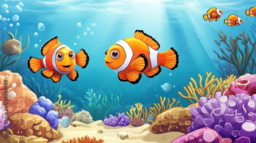 Naklejka premium Clownfish couple swim coral reef ocean