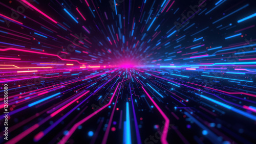 Futuristic digital tunnel with vibrant lights representing virtual travel through a CI/CD pipeline. photo