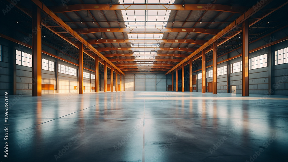 Spacious empty warehouse interior with high ceilings and natural light Spacious empty warehouse interior with high ceilings and natural light