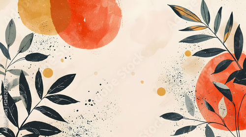 Artistic abstract composition with leaves and circles studio setting graphic design minimalistic aesthetic