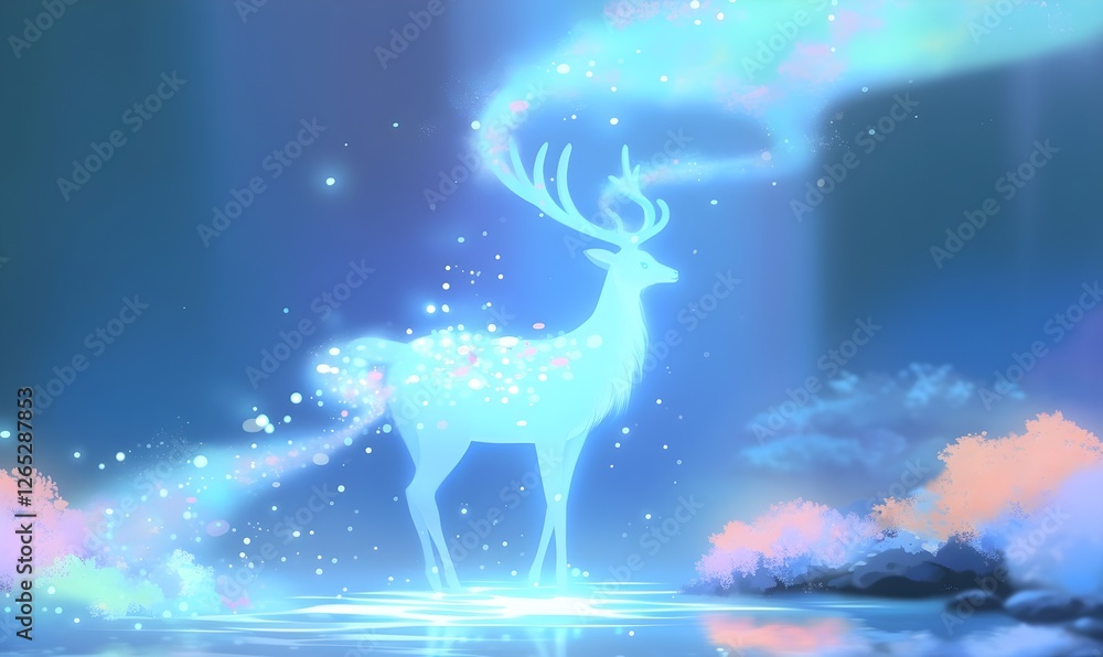 A pure white male deer adorned with pastel spots that radiate nobility A pure white male deer adorned with pastel spots that radiate nobility