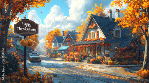 Thanksgiving celebration cozy neighborhood digital artwork autumn street view festive spirit