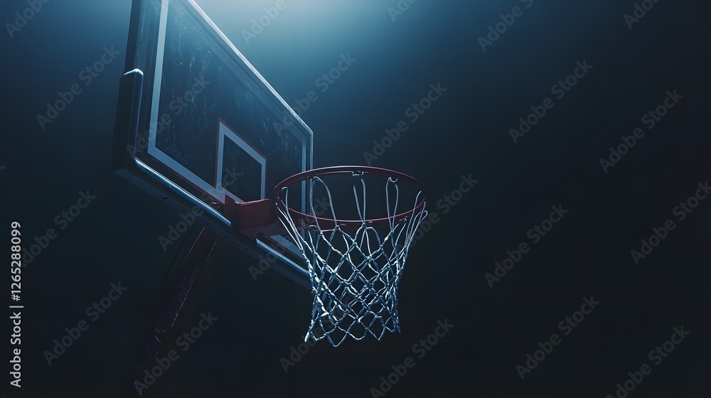 basketball hoop and net detail under spotlight on black background, professional basketball sports poster theme showing goal closeup representing competition, challenge and success scene basketball hoop and net detail under spotlight on black background, professional basketball sports poster theme showing goal closeup representing competition, challenge and success scene