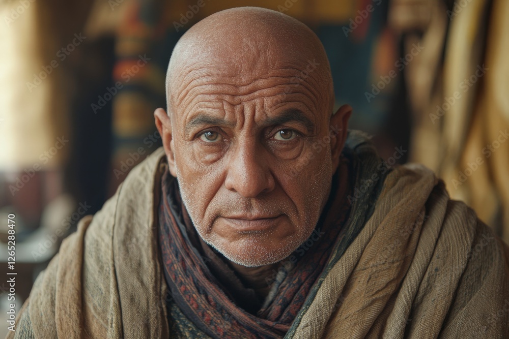 Man with seasoned expression wearing traditional attire in an ancient setting conveying wisdom and experience during daytime Man with seasoned expression wearing traditional attire in an ancient setting conveying wisdom and experience during daytime