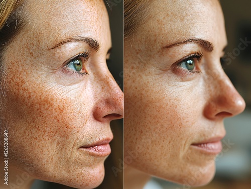 A remarkable skincare transformation showing before and after effects of facial treatments. The skin appears more radiant, smooth, and youthful, highlighting the benefits of skincare and rejuvenation