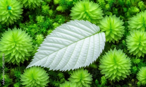 White leaf on green moss balls; nature background, design element photo