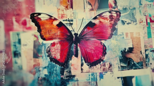 Red butterfly collage urban wall art design