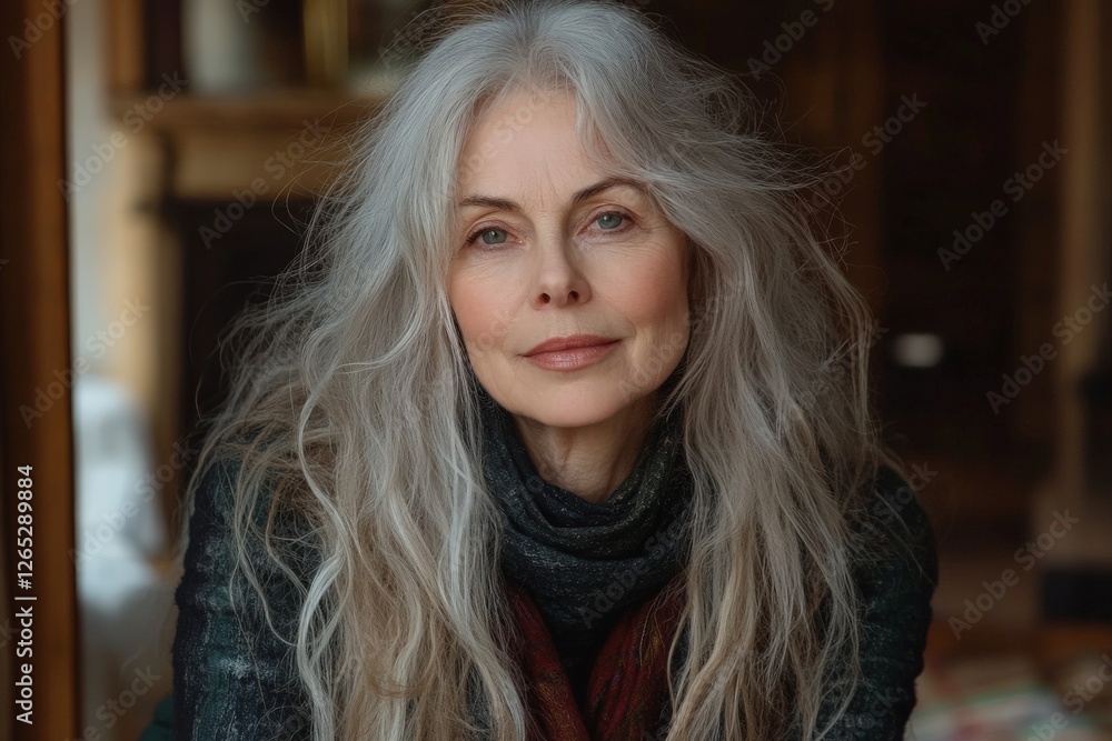 Fototapeta premium Elegant woman with long silver hair poses warmly indoors surrounded by soft lighting