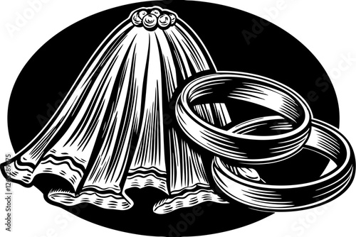 Black and white illustration of wedding veil and rings in vintage style