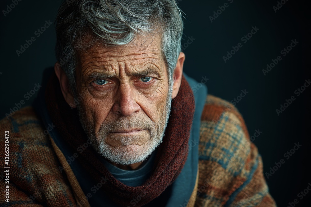 Elderly man with deep-set eyes and weathered features gazes intently from a dimly lit background Elderly man with deep-set eyes and weathered features gazes intently from a dimly lit background
