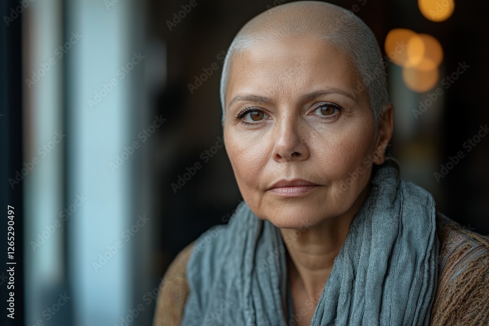 Woman with shaved head gazes thoughtfully, showcasing inner strength and resilience Woman with shaved head gazes thoughtfully, showcasing inner strength and resilience