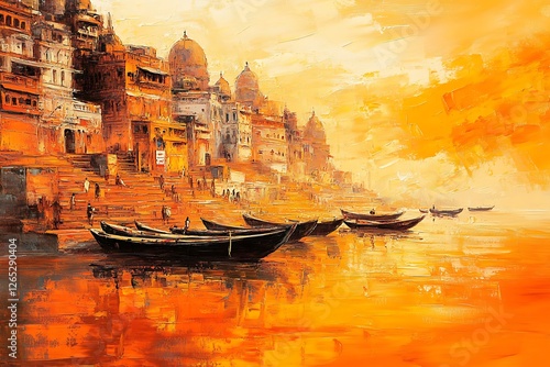 Vibrant sunrise over the Ganges River, depicting an Indian city.