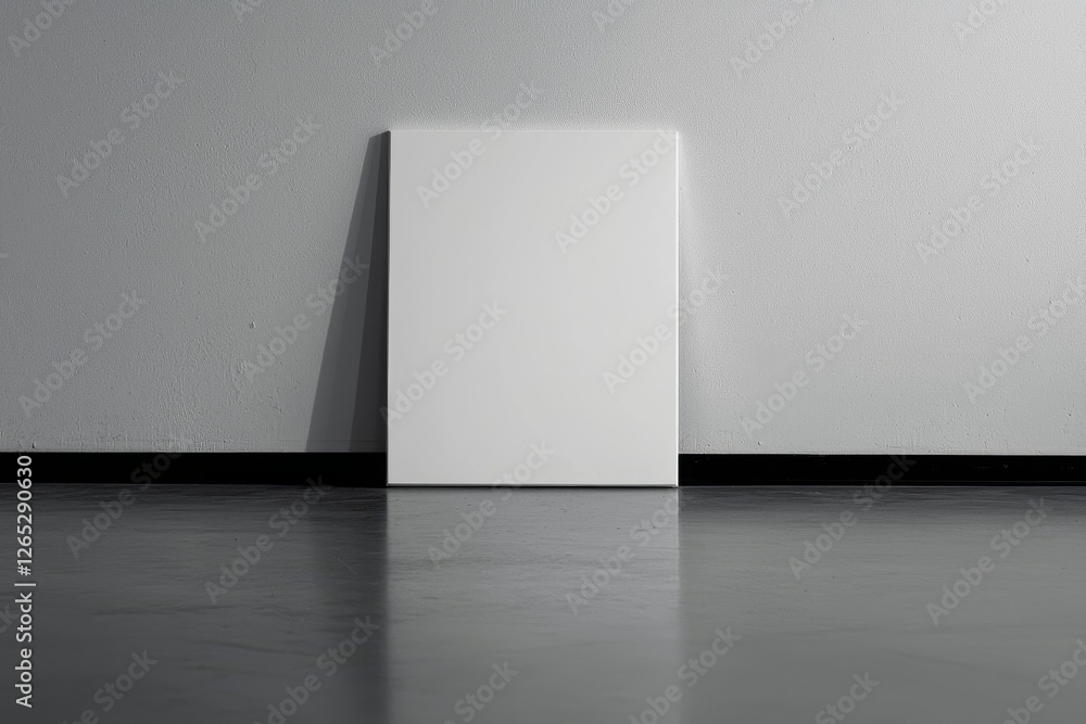 A 3D illustration shows a blank vertical poster frame mockup placed on a white floor next to a white wall, with the poster itself having a clipping path A 3D illustration shows a blank vertical poster frame mockup placed on a white floor next to a white wall, with the poster itself having a clipping path