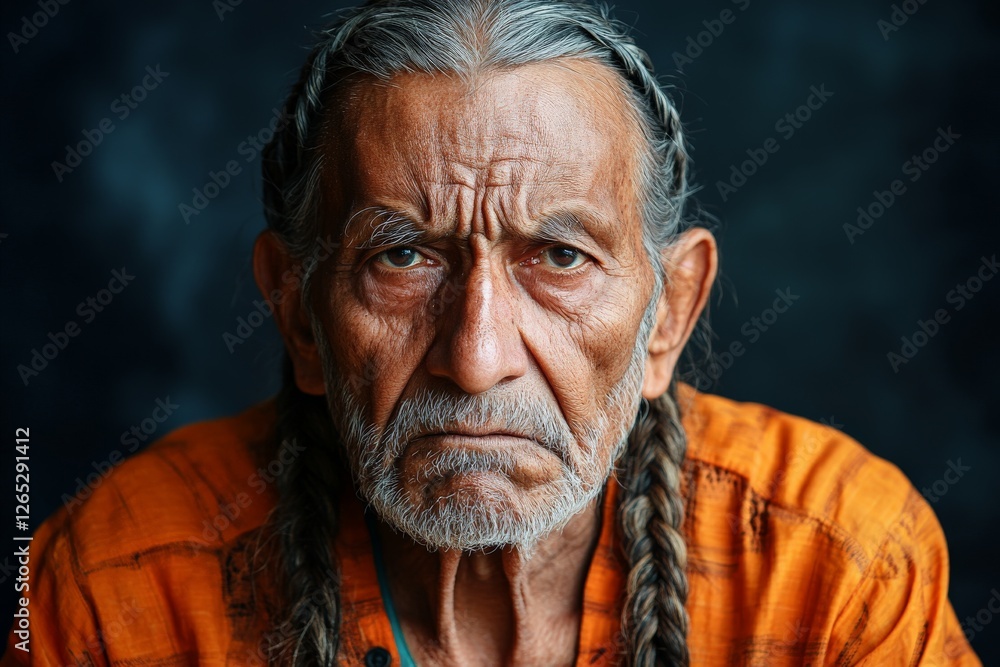 Obraz premium Portrait of an elderly man with braided hair wearing an orange shirt against a dark background
