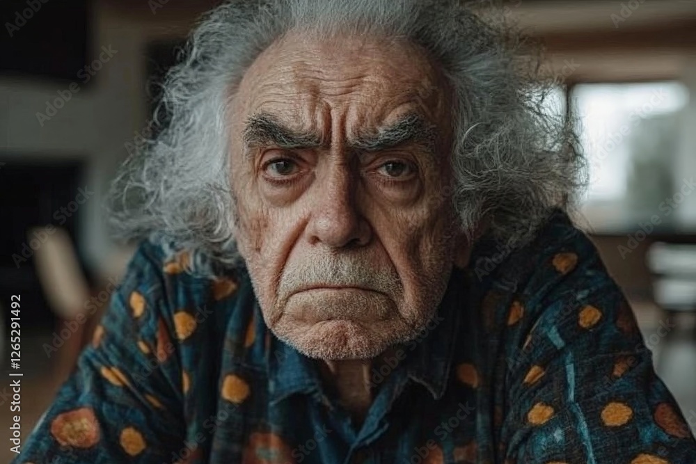 Elderly man with expressive face sitting indoors wearing polka dot shirt Elderly man with expressive face sitting indoors wearing polka dot shirt