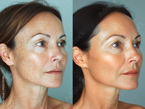 A remarkable skincare transformation showing before and after effects of facial treatments. The skin appears more radiant, smooth, and youthful, highlighting the benefits of skincare and rejuvenation