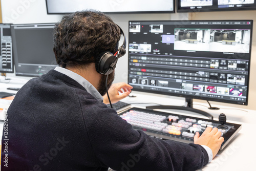 Принти на полотні A television director in a broadcast control room, actively guiding a live production