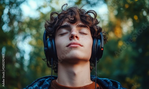 Person with eyes closed, music streaming through headphones, surrounded by green natural landscapes, power of music as a form of escape and, Generative AI