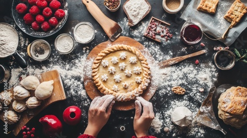 Festive Bakery Pastry Making Overhead Shot photo