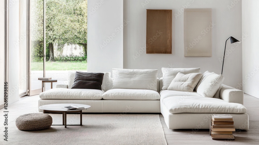 Fototapeta premium Modern sectional sofa, garden view, living room