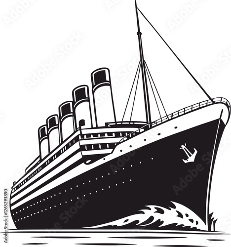 Minimalistic Black Silhouette of the Titanic Ship, Representing the Iconic Ocean Liner and Its Majestic Voyage – Elegant and Timeless Vector Illustration Depicting Maritime History and the Legacy of t