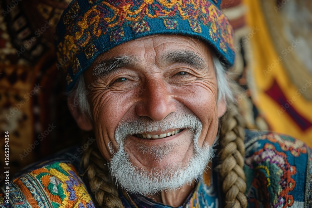 Smiling elderly man wearing traditional attire and colorful headdress in a cultural setting Smiling elderly man wearing traditional attire and colorful headdress in a cultural setting